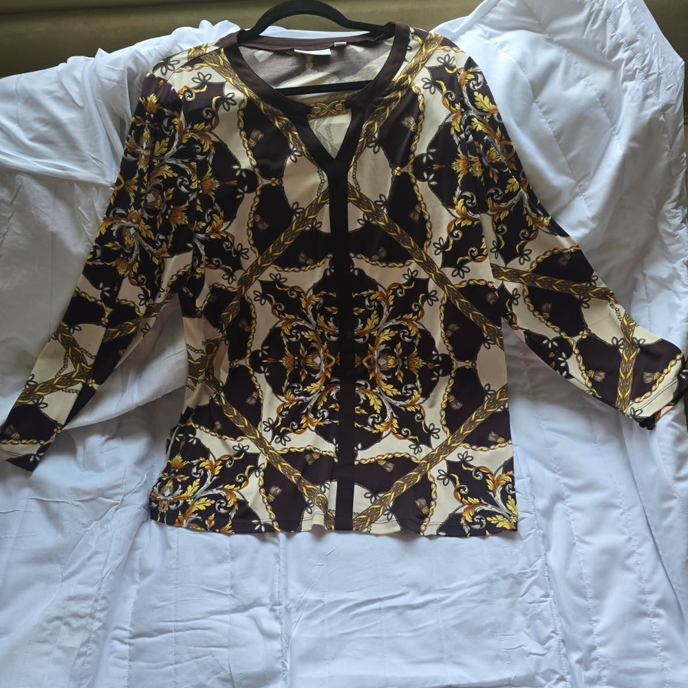 Susan Graver Brown and Cream Multi Color Top 1X long sleeve